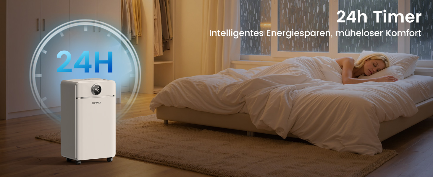 Електричний осушувач повітря CHIVALZ 12л/24г для приміщень до 120м³ (30м²), 3 режими роботи, таймер 24г, автоматична відтавлювання (білий)