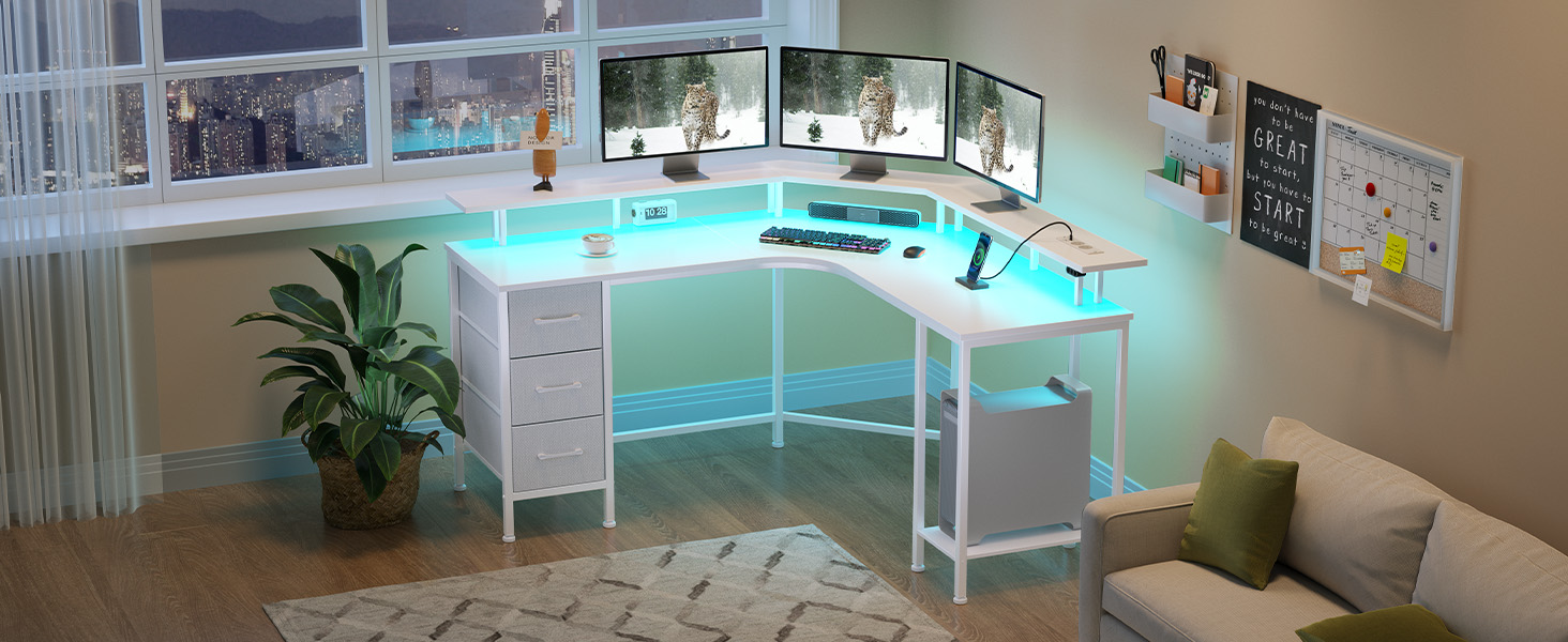 Ігровий кутовий стіл Seventable L-подібної форми з LED підсвіткою, розетками та 3 текстильними висувними ящиками, білий, 135x135x88 см