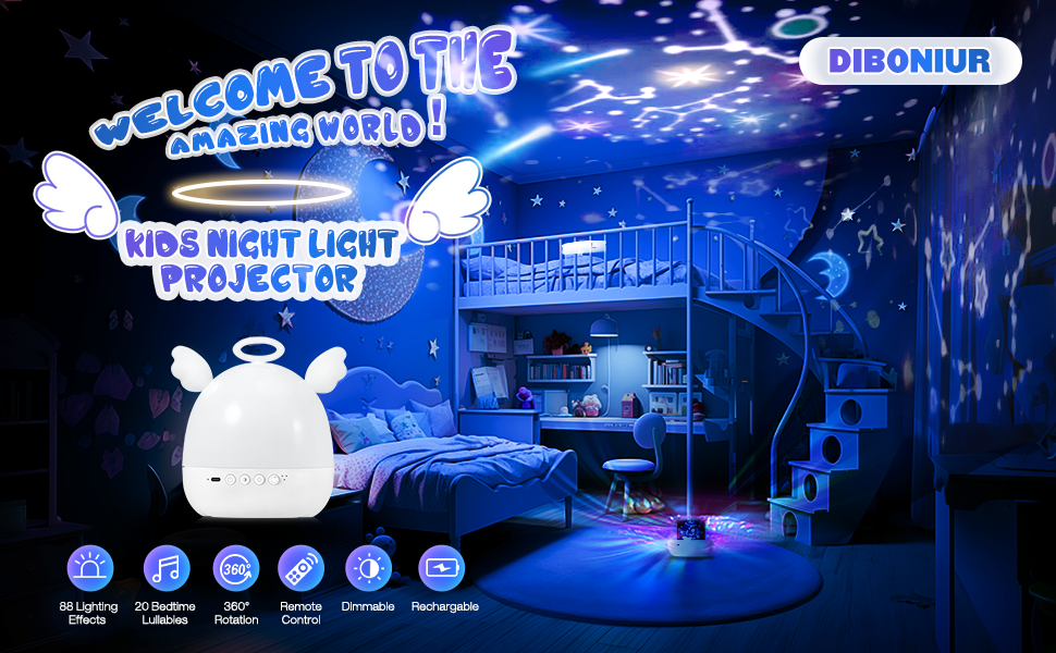 Проектор зоряного неба Diboniur для дітей з 22 фільмами, нічник-проектор, регульована яскравість, 360° обертання, 20 колискових