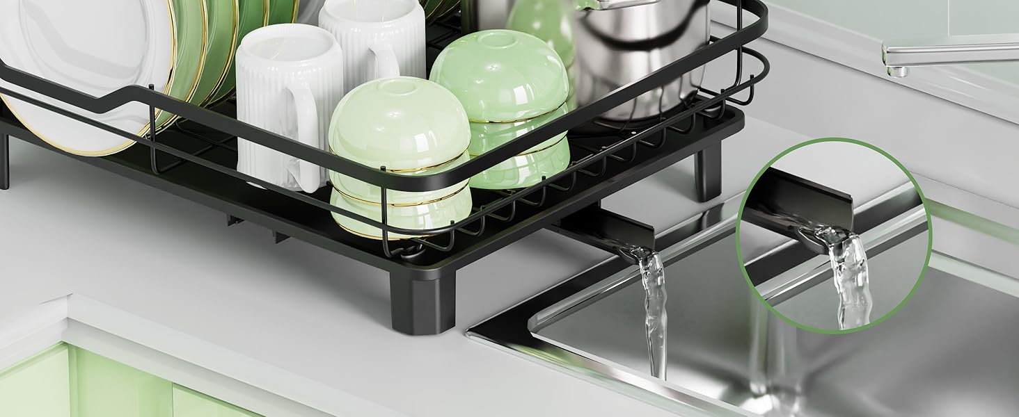 Сушарка для посуду ROTTOGOON розширювана, нержавіюча сталь, з висувним носиком та відділенням для столових приладів, чорна (1-рівнева)