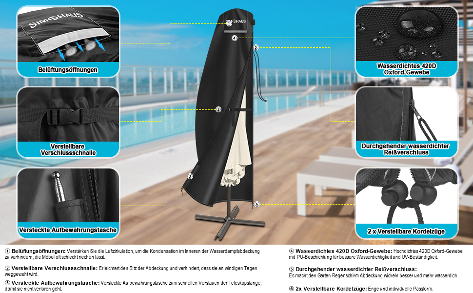 Чохол для парасольки 4м, захисний чохол для парасольки з розкривною тканиною (Ampelschirm) діаметром до 400 см. Захисний чохол для парасольки, чохол для подвійної парасольки, анти-UV, Oxford Fabric, 280x70/70 см (240x45/70/50 см)