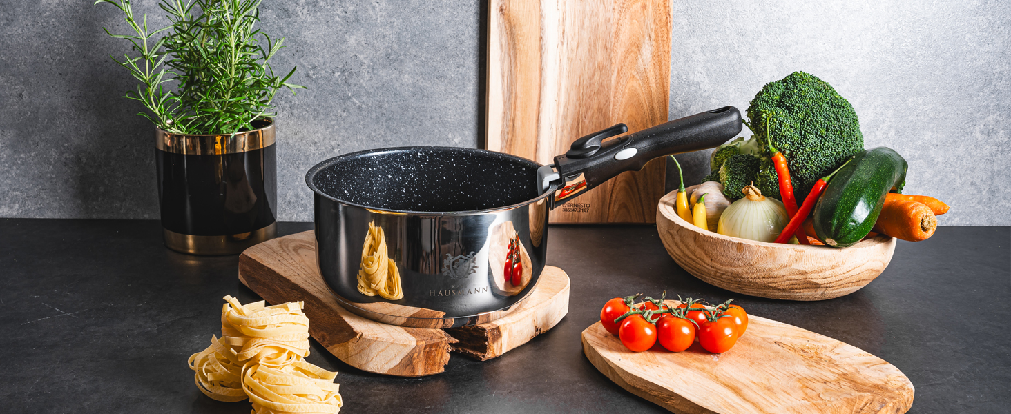 Набір каструль з знімними ручками (3 шт.) з нержавіючої сталі - сумісний з індукційними плитами. Набір каструль, сковорідок та посуду з гранітним покриттям