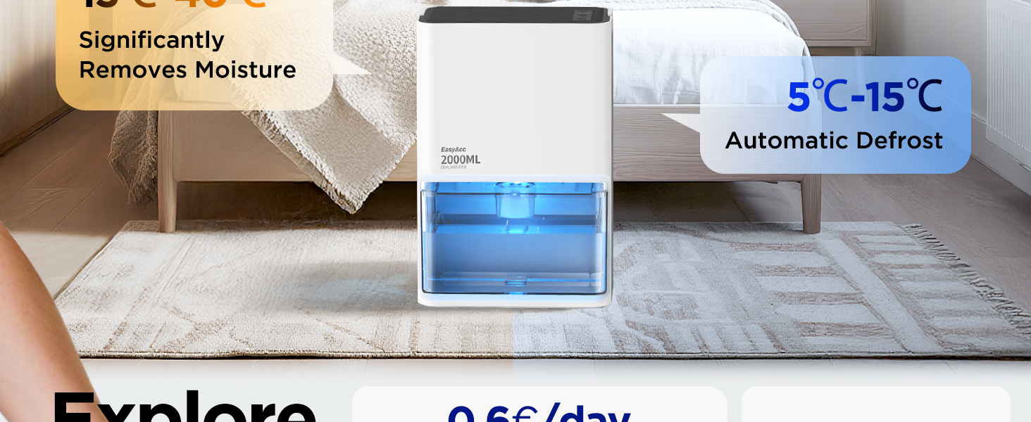 EasyAcc Електричний осушувач повітря 1200 мл, компактний, тихий, портативний, з автовимкненням та режимом сну. Ідеально для дому та офісу.