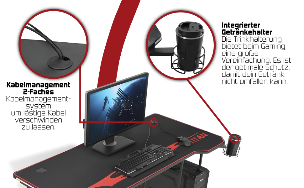 Ігровий стіл MY SIT Titan 140 см з підсвічуванням LED, тримачем для навушників, тримачем для ПК та напоїв, кабельною організацією, чорний