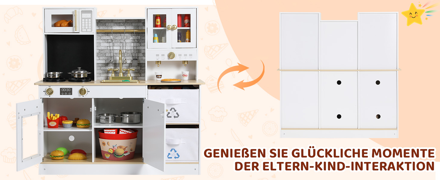 Дерев'яна дитяча кухня MAMIZO з підсвіткою та звуком, 90x30x90 см, з аксесуарами та 2 ящиками для зберігання, іграшка для дітей від 3 років, білий колір