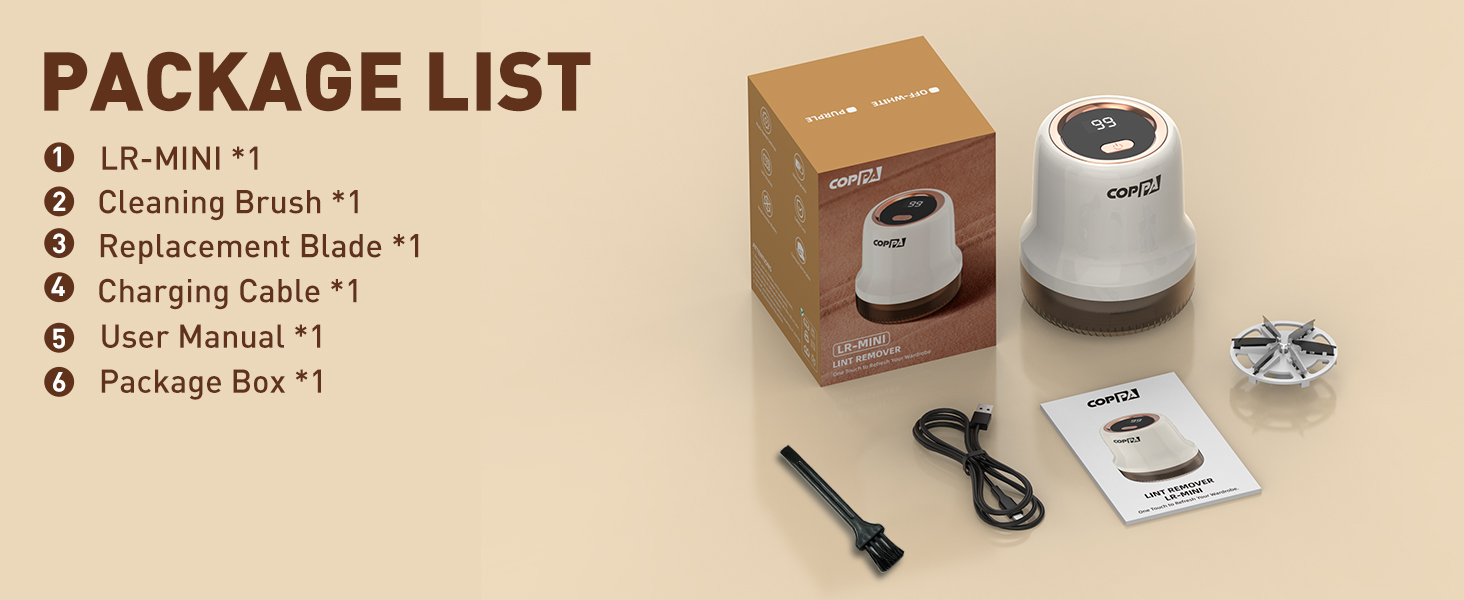 Електричний видальник ворсу для одягу та меблів COPPA з 6 лезами та індикатором заряду