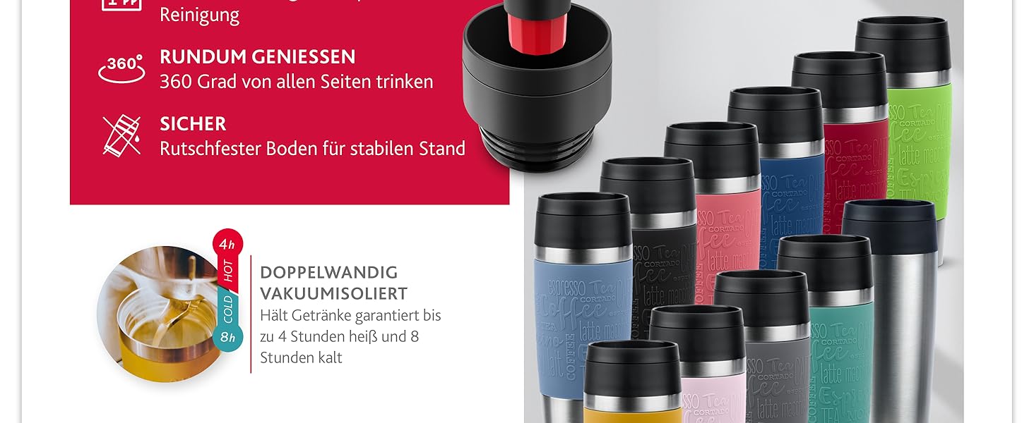 Термокружка Emsa N20210 Travel Mug Classic, 0.36 л, нержавіюча сталь, Petrol | Збереження тепла 4 години, холоду 8 годин | 100% герметична, з невеликим отвором для пиття, придатна для миття в посудомийній машині