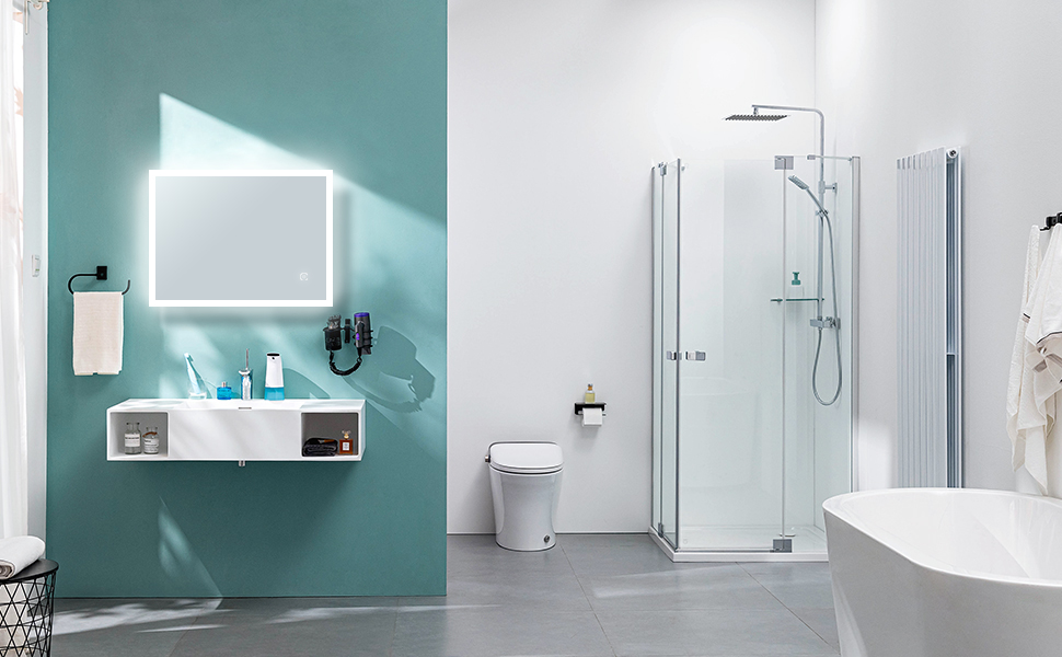 LED дзеркало для ванної кімнати EMKE 80x60 см з підсвічуванням, холодним білим світлом, сенсорним вимикачем, IP44, енергозберігаюче