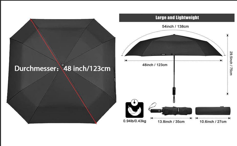 Дюймова велика автоматична вітрозахисна 3-складна компактна туристична парасолька для гольфу чорна, 4Free 54-