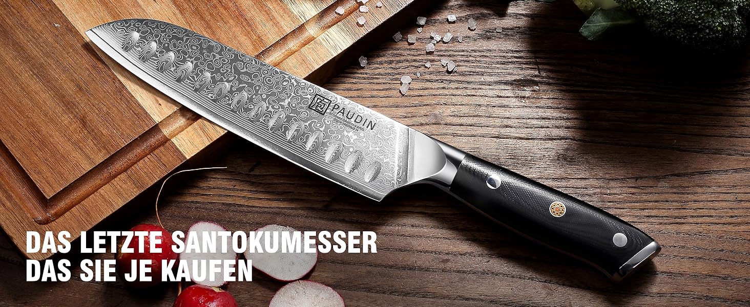 PAUDIN Сантоку ніж з дамаської сталі 17 см, професійний кухонний ніж з VG10 серцем, ергономічна ручка G10