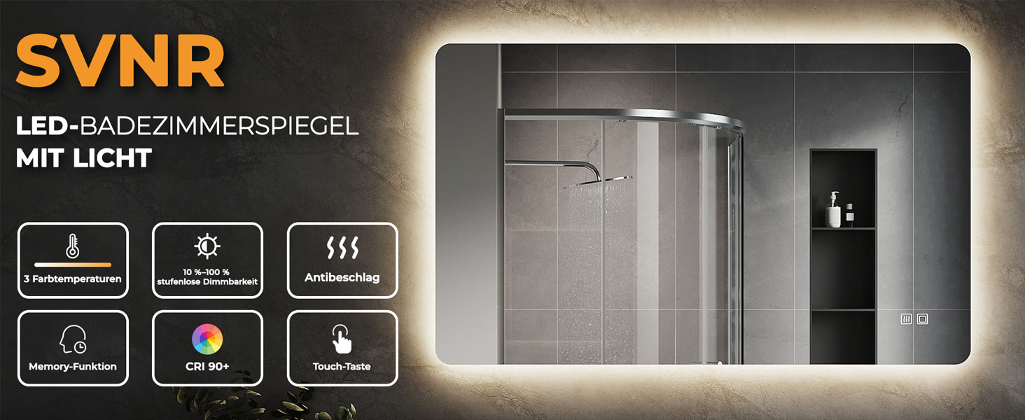 Дзеркало для ванної кімнати зі підсвічуванням SVNR, 70 x 50 см, LED, бездоганне покриття, сенсорне керування, регулювання кольору 3000K-6400K, з синім підсвічуванням