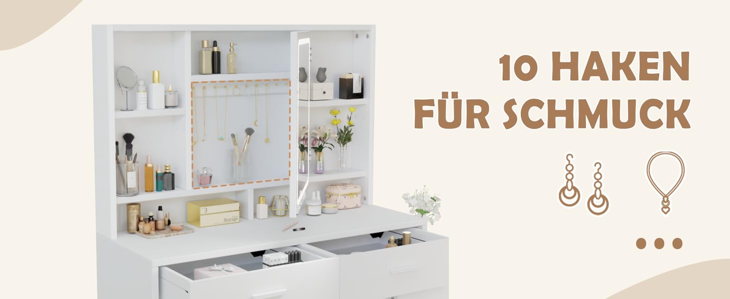 Дзеркало для макіяжу JUMMICO з LED-підсвічуванням, регульована яскравість та колірна температура, органайзер, туалетний столик з ящиками та регульованими полицями, 110x40x140 см