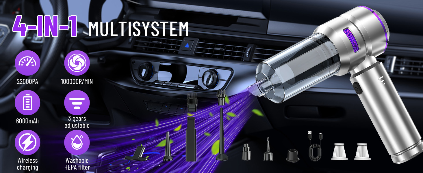 Акумуляторний ручний пилосос 4 в 1 для авто та дому, безщітковий двигун 22000Па, потужність 6000 мАг, портативний електричний пилосос-подув з набором щіток (Сріблясто-фіолетовий)