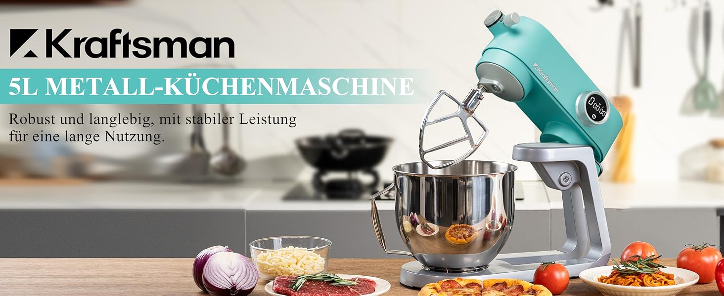 Кухонна машина 5л для замішування тіста: хліб, піца, з таймером, 8 швидкостей, нержавіюча чаша, гак, вінчик, міксер (блакитна)