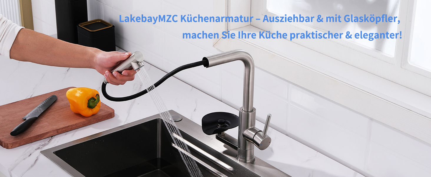 Змішувач кухонний LakeBayMZC 3-в-1 з фільтром для води, витяжний душ, нержавіюча сталь 304 (брашований)