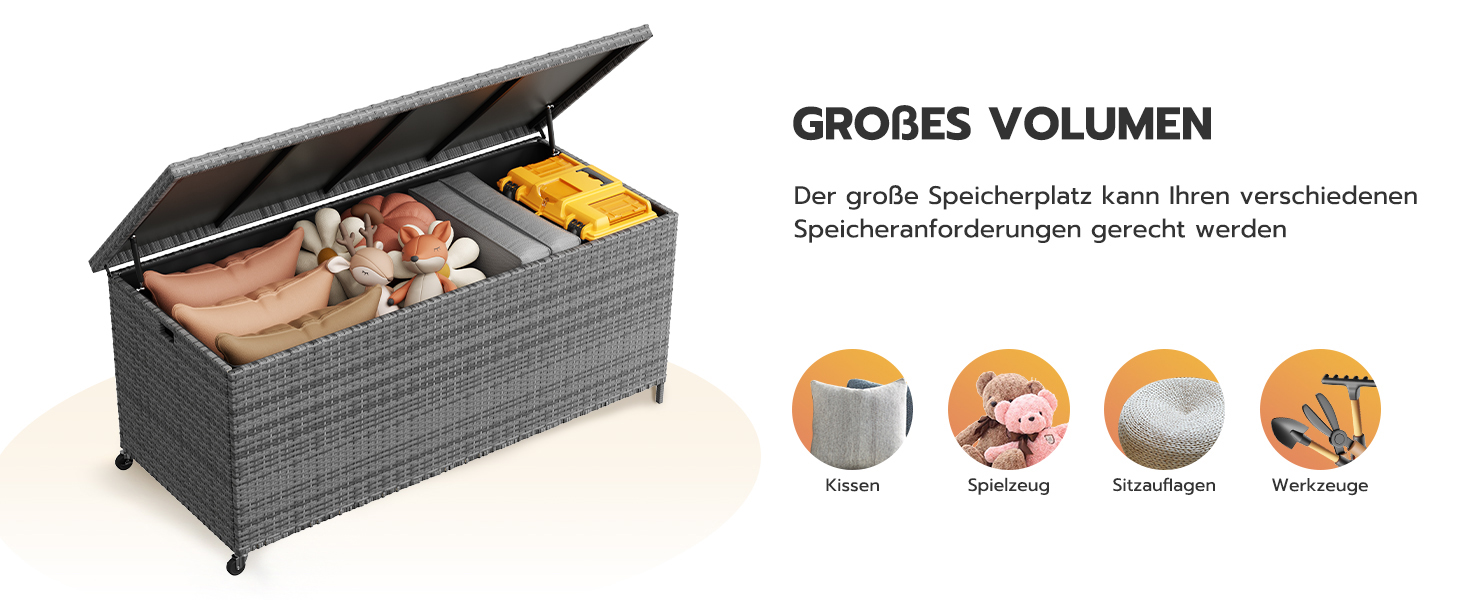 Водонепроникний садовий ящик для зберігання UDPATIO 480л з колесами, сірий 138x61 см | Ящик для подушок, стійкий до УФ-випромінювання та погодних умов для саду, балкону
