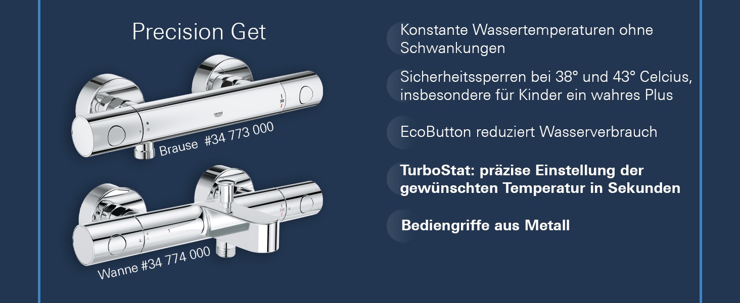 Змішувач для ванни Grohe Precision Feel з термостатом, водозберігаючий, хром, 34788000 Chrome Feel (безпека для дітей, запобіжник 38°C, антиковзні ручки)