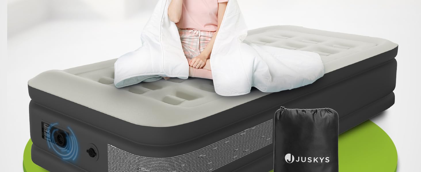 Надувний матрац Juskys самонадувний 150x200 см з вбудованим насосом - 2 місця, для гостей або кемпінгу, водонепроникний, блакитно-білий (сірий, одинарний)