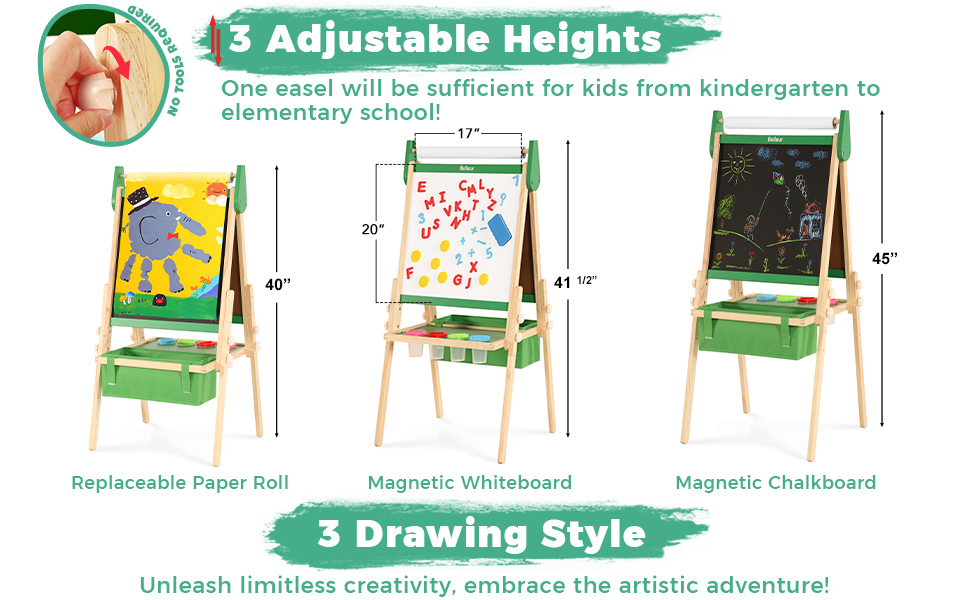 Дитяча мольберт All-in-One з 2 рулонами паперу, аксесуарами, регульована магнітна двостороння дошка для малювання з крейдою та магнітами, дошка для дітей 2-8 років, зелений