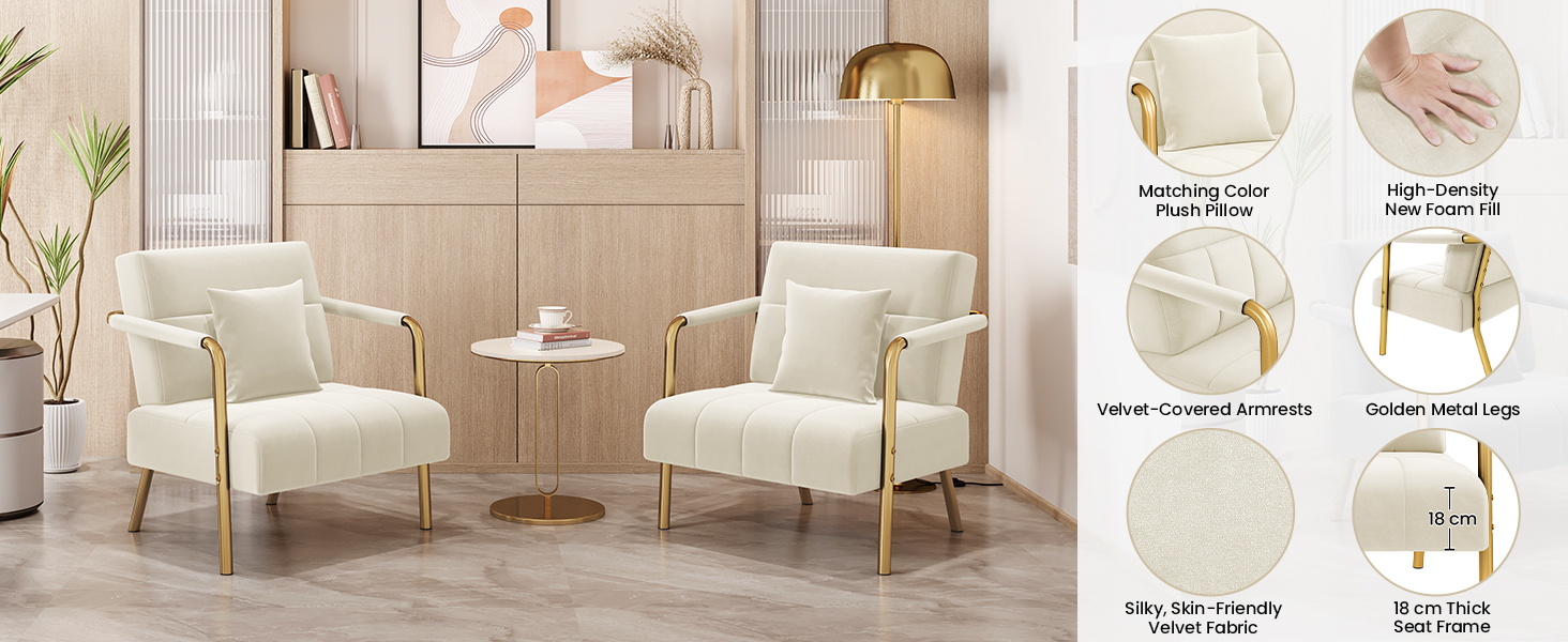 Диван-крісло Yaheetech з підлокітниками та металевими ніжками, сучасний двомісний диван з 2 подушками для попереку, бежевий, для вітальні/спальні (75,5 см ширина)