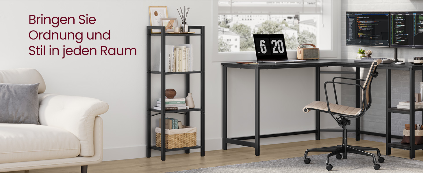 Стелаж VASAGLE Regal для книг, DVD та офісних документів, 4 яруси, 24x40x76,4 см, вінтажний коричнево-чорний колір (LLS098K02)