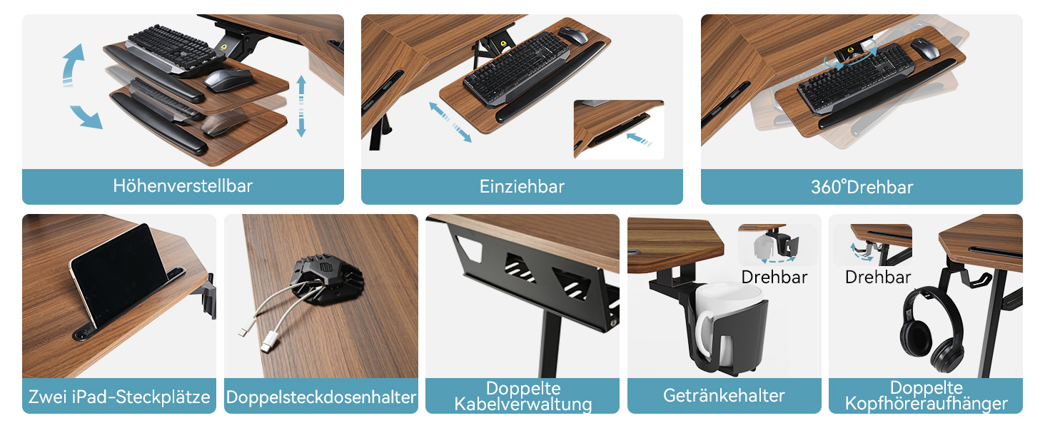 Ігровий стіл EUREKA ERGONOMIC 160x74 см з крилами для геймінгу, PC, Home Office, Live Streaming, 2 слоти для iPad, горіховий колір