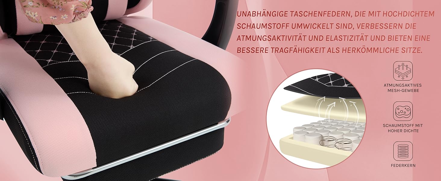 Ігровий крісло WOLTU з масажем, комп'ютерне ергономічне крісло з кишеньковим пружинним сидінням, підтримкою попереку, подушкою для голови, підставкою для ніг, поворотне, 150 кг, рожево-біле (чорно-рожеве, сітчаста тканина)