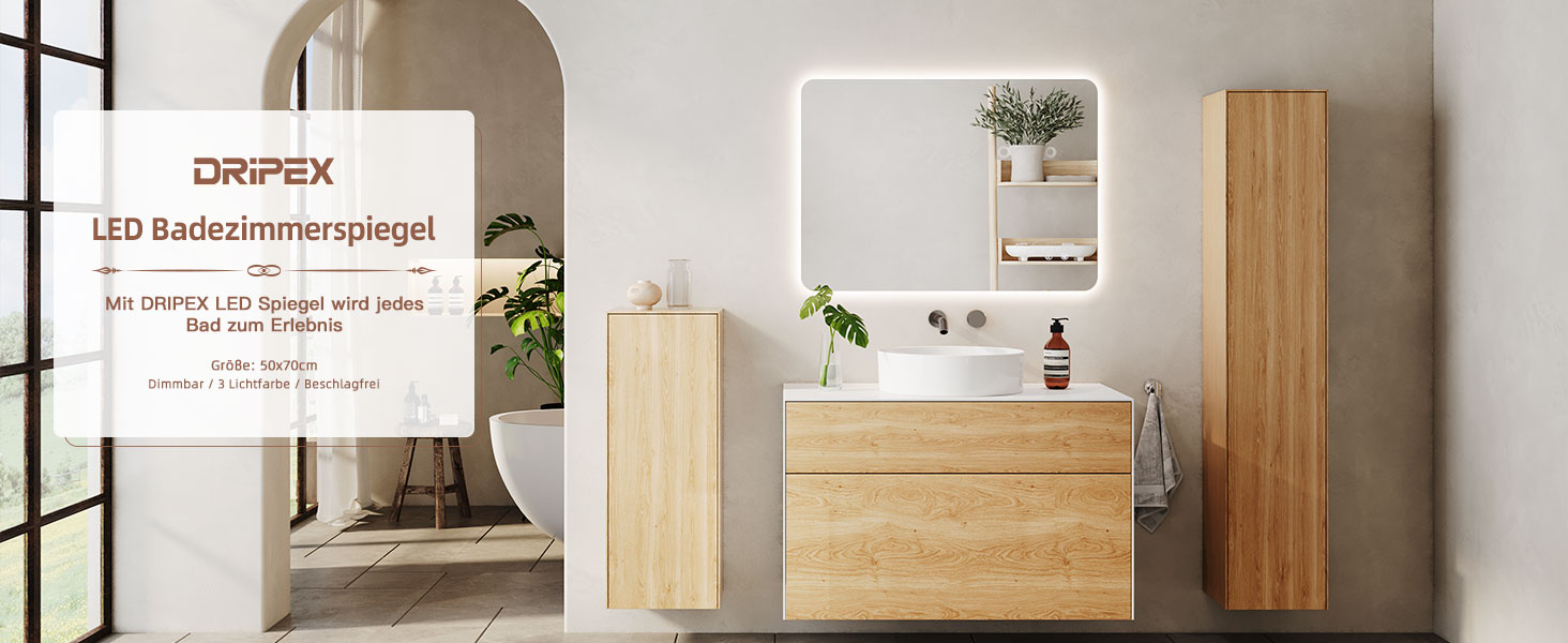 Дзеркало для ванної кімнати з LED підсвічуванням Dripex, сенсорне керування, регулювання яскравості, 3 кольори світла, антизапар, 80x80 см