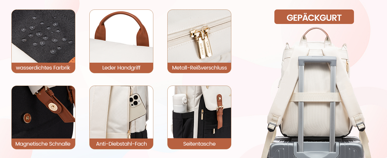 LOVEVOOK Рюкзак для жінок, рюкзак для ноутбука 15.6 дюймів, водонепроникний, для роботи, навчання, подорожей, стильний, бежевий & кавовий колір