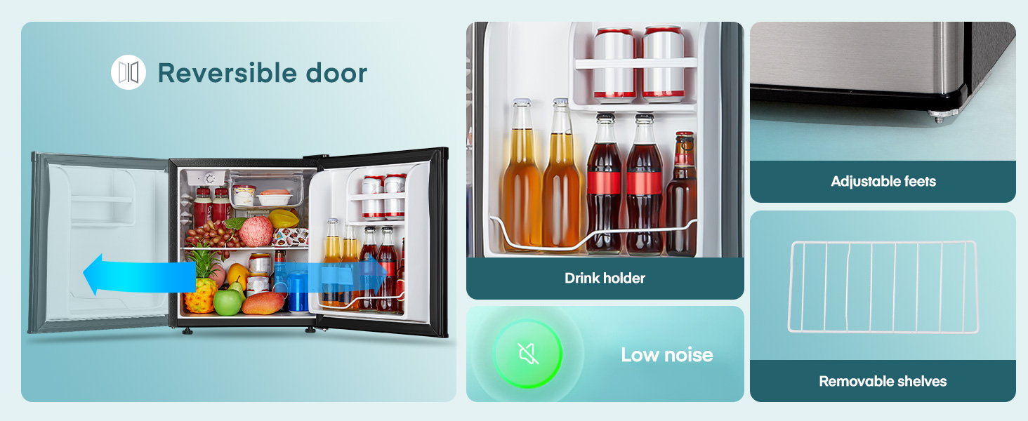 Міні-холодильник E 46L з морозильною камерою, низький рівень шуму 42 дБ, регулювання температури, колір нержавіюча сталь — для офісу, кухні та спальні