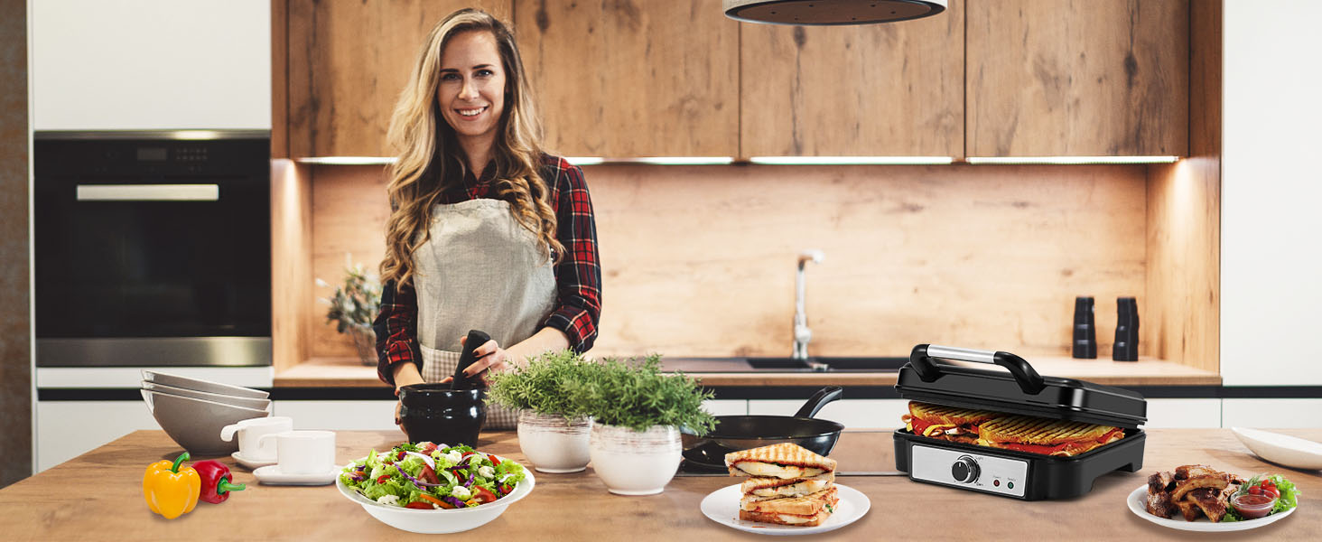 Контактний гриль YASHE, 4 пластини для сендвічів, антипригарне покриття, 1800W, регулювання температури, індикатор, відкривання 180°, знімна підставка для збору жиру, чорний