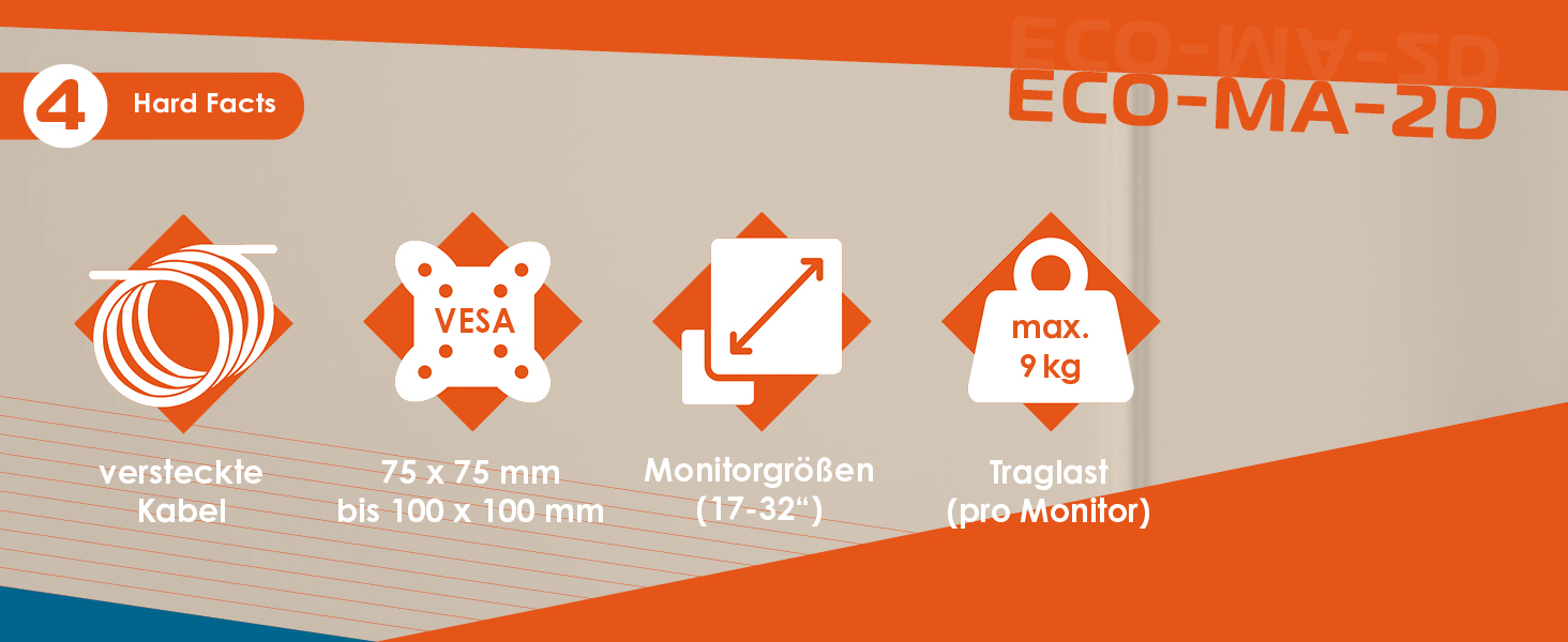 Кріплення для монітора Xantron® ECO-E62: 2 монітори (17-32 дюйми), VESA 75x75 & 100x100, для плоских та вигнутих моніторів, з монтажним комплектом