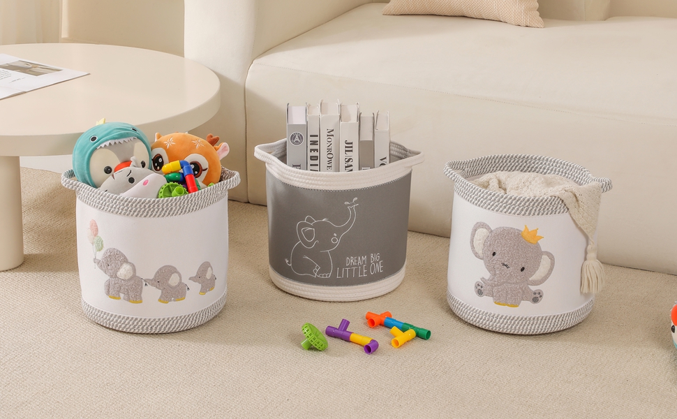 Набір кошиків для зберігання 3 шт. плетені кошики для іграшок, білизни, дитячий органайзер для іграшок, одягу, м'яких іграшок, місткі та надійні кошики (Kronen-Elefant)