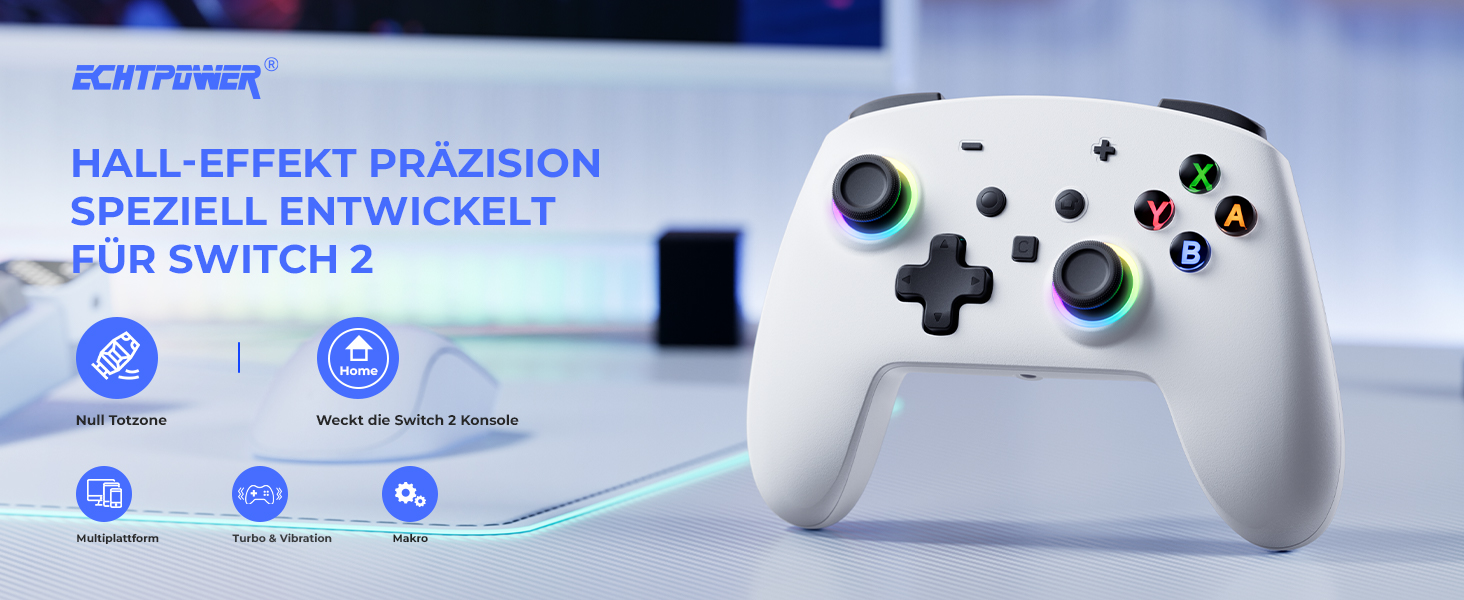 Бездротовий ігровий контролер ECHTPower для PC, Switch, Steam Deck, Android, iOS — RGB підсвічування, Hall-джойстики, вібрація, Turbo, акумулятор 800mAh (Білий)