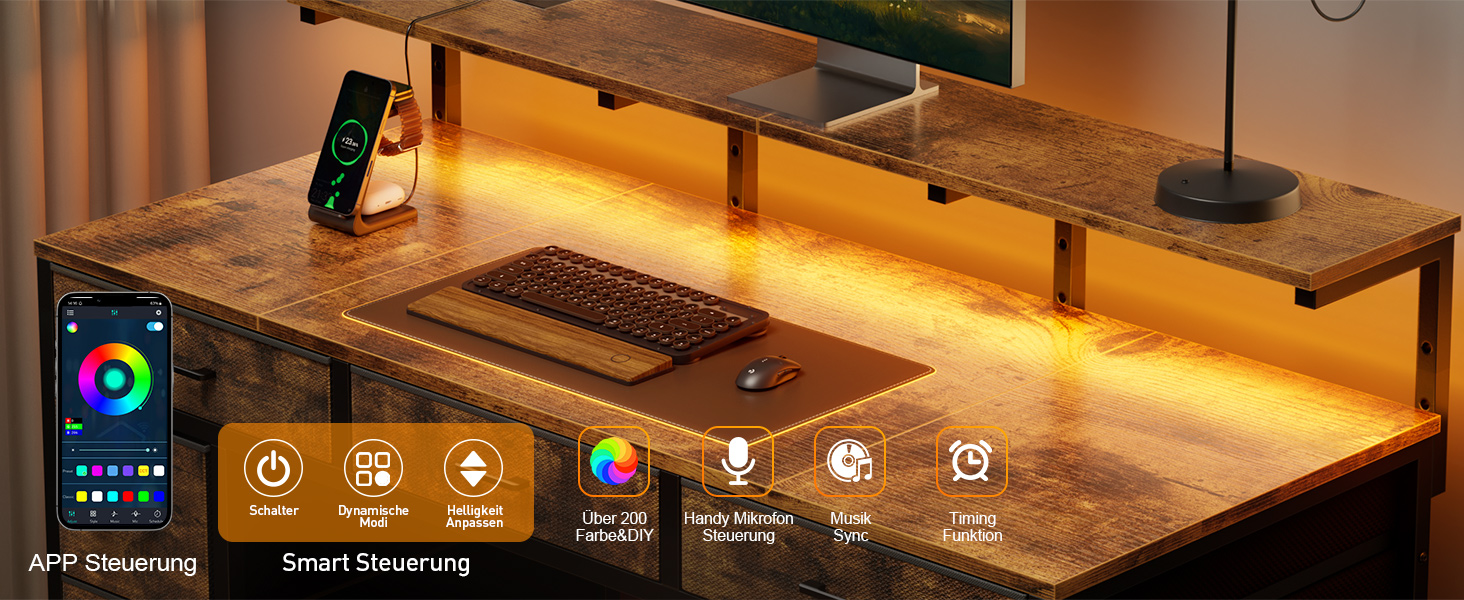 Комп'ютерний стіл з 8 висувними ящиками, 2 розетками, USB-портами, LED-підсвічуванням та підставкою для монітора, 120 x 50 x 74 см, Колір: Коричневий