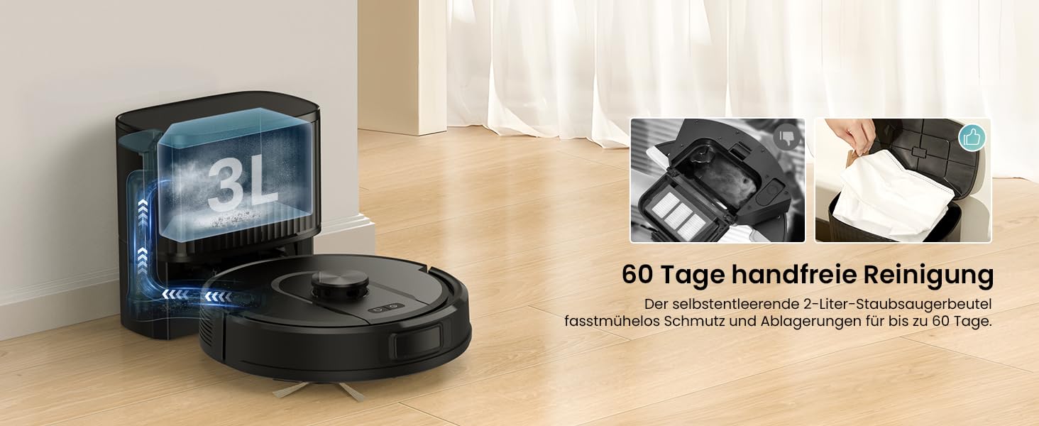 Робот-пилосос Vexilar W11 з функцією миття, 3 л, потужність 6000Pa, час роботи 180 хв, LiDAR навігація, 15 зон заборони, керування через додаток, для килимів та шерсті тварин