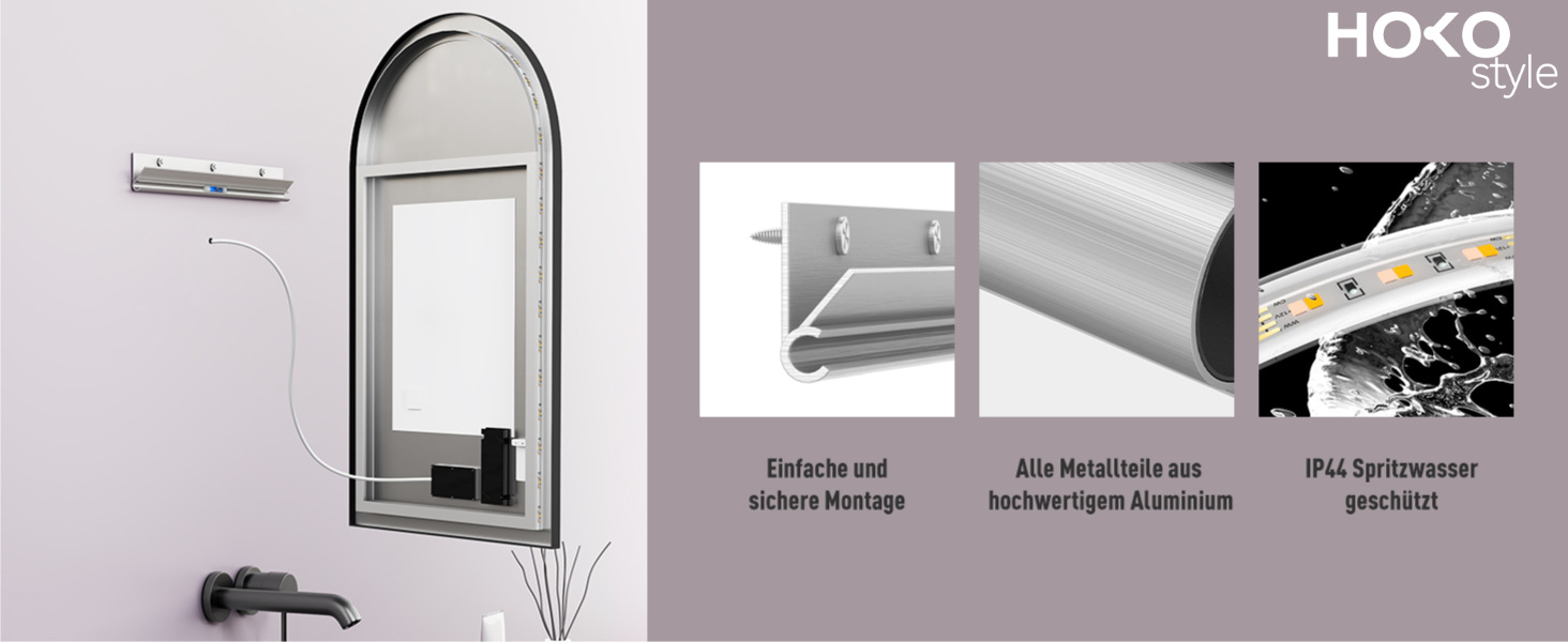 Дзеркало для ванної кімнати LED HOKO Design Turin, овальне, 45x75 см, матовий чорний каркас, сенсорне керування, світлодіодне підсвічування, зміна кольору світла (тепле/холодне/нейтральне), антизапарювання