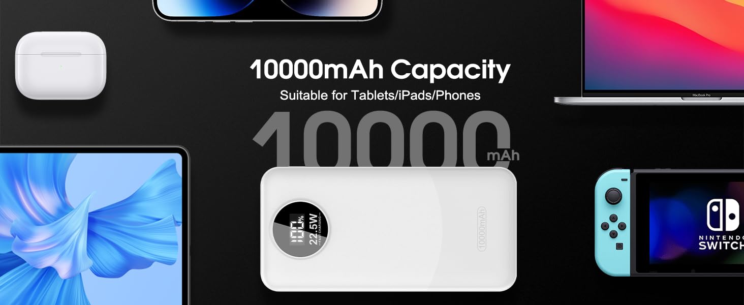 Порти, світлодіодний, для Harmony, iOS, Android (білий), 10000mAh, 22.5W PD QC 3.0, USB C, 3