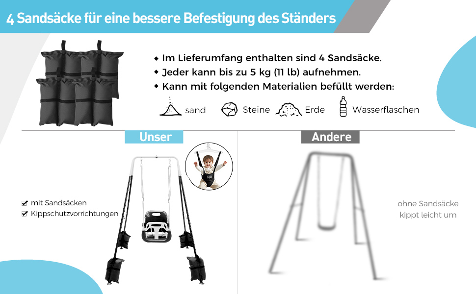 FUNLIO Набір гойдалок 2-в-1 та дверний вистрибувач для малюків, гойдалки для дітей з 4 мішками з піском, складаний металевий стійка для використання в приміщенні та на вулиці, легко збираються та зберігаються - (Чорний)