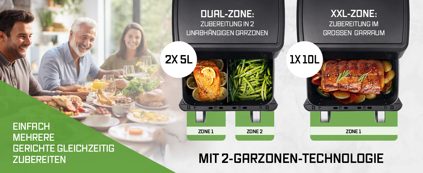 Аерофритюрниця GOURMETmaxx AirGenius 10Л з двома камерами (2x5Л), сенсорним керуванням та 10 програмами приготування, для 8 осіб