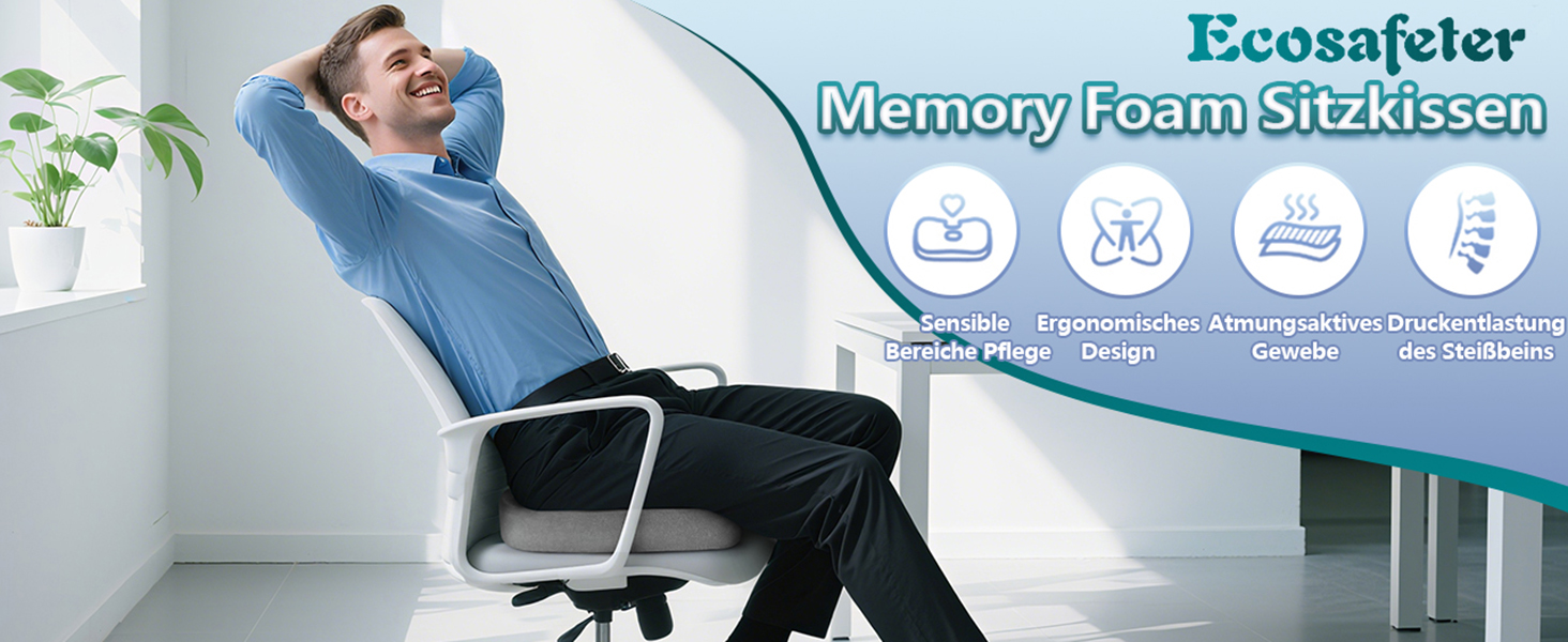 Ортопедична подушка для сидіння Ecosafeter з піною Memory Foam - для поліпшення кровообігу та полегшення болю в куприку. Ергономічна подушка для офісного, комп'ютерного стільця та інвалідного візка. Чорний колір.