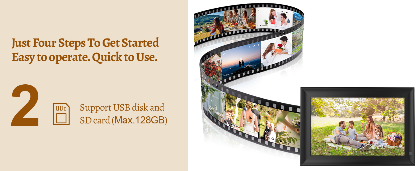 Цифровий фоторамка OBVHNUA 10.1' з 128 ГБ пам'яті, без Wi-Fi, IPS-дисплей 1280*800, відтворення фото, музики, відео, календар, USB/SD, настінний монтаж