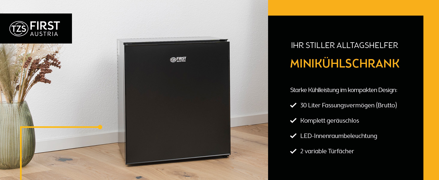 Mini холодильник TZS First Austria 30L безшумний, чорний. Змінний дверний замок, внутрішнє освітлення. Minibar для кемпінгу, офісу, спальні, готелю.