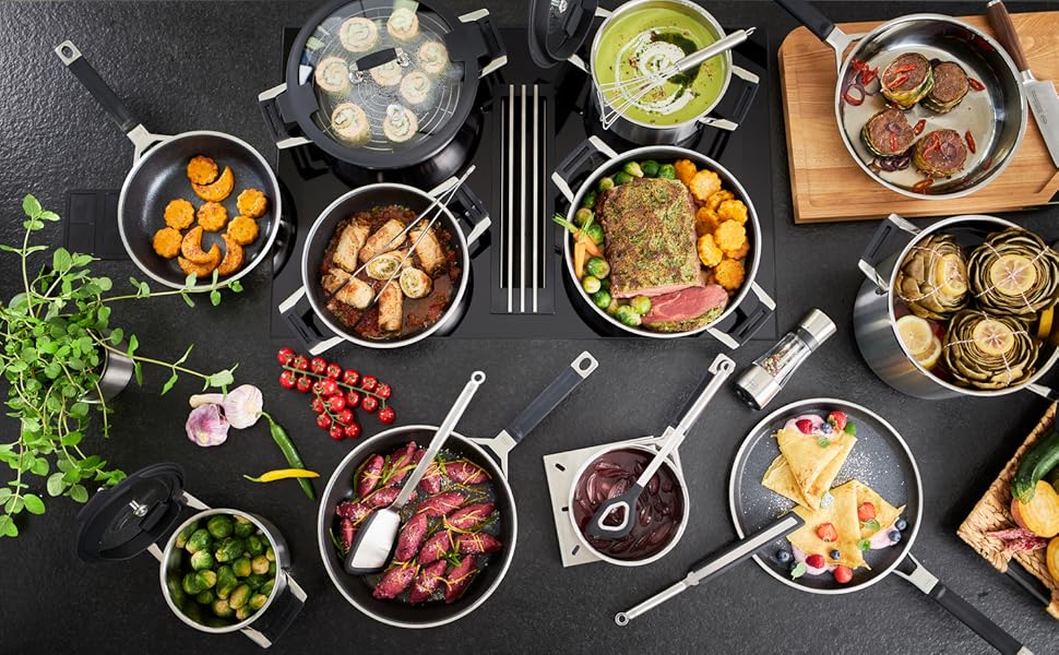 Набір каструль Rösele Silence Pro 5 предметів: універсальний набір з 3 каструль, 1 казанок та 1 сотейник, нержавіюча сталь 18/10, скляні кришки, внутрішня шкала, підходить для індукційних плит та мийки посуду