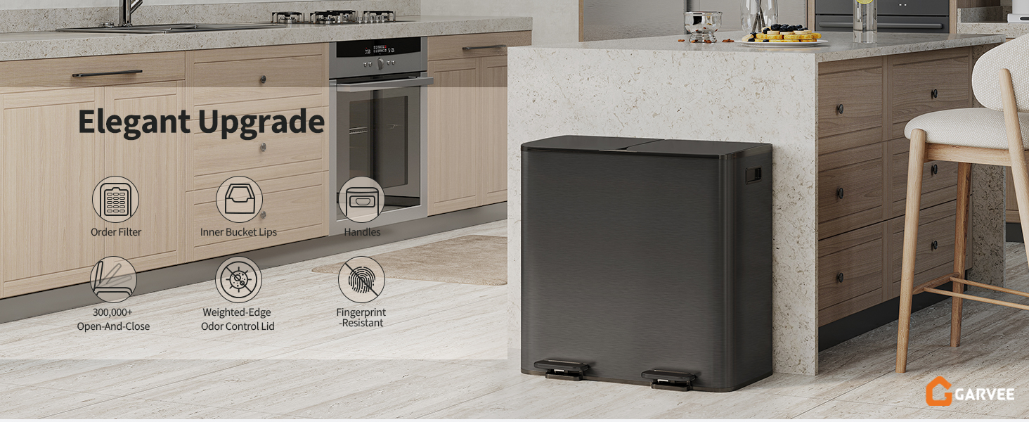 Сміттєвий кошик Garvee 2 x 40 л для кухні та ванної кімнати, система сортування відходів на 2 відсіки з педаллю та Soft-Close кришкою, герметичний від смороду, матовий чорний, 80 л