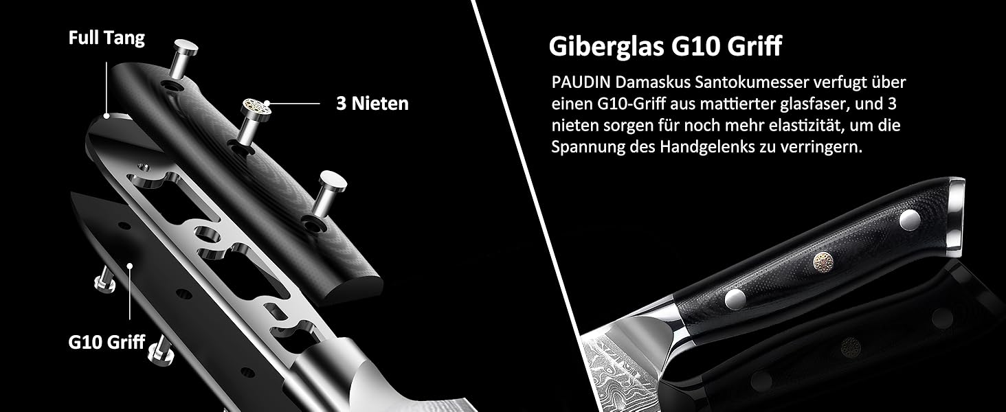 Японський ніж Santoku PAUDIN з дамаської сталі 13 см - професійний кухонний ніж для кухні, надзвичайно гострий, з ергономічною ручкою G10
