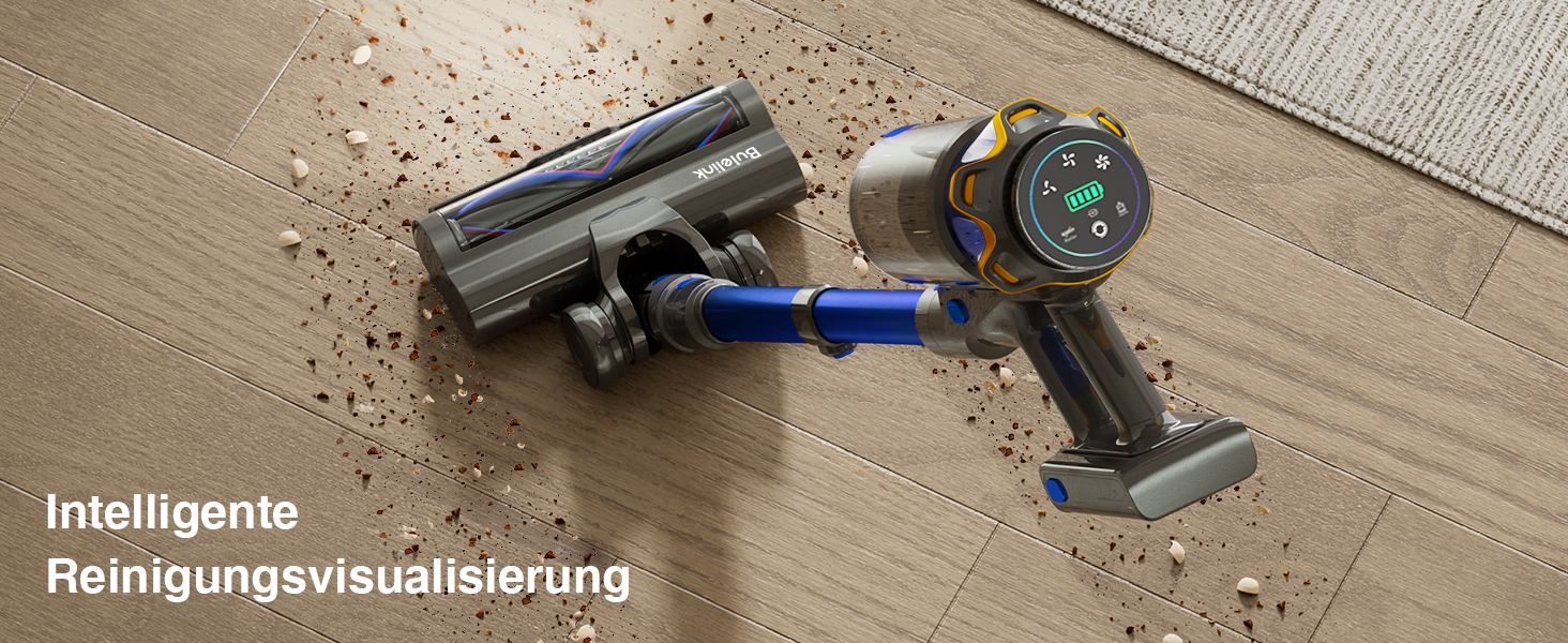 Бездротовий акумуляторний пилосос 45000 Па/550 Вт/65 хв, об'єм 1,6 л з дисплеєм, антизаплутана щітка, самостійна парковка, док-станція на стіні, 8-шарова фільтрація, тихий, для шерсті тварин/килимів/твердих поверхонь/автомобіля, блакитний