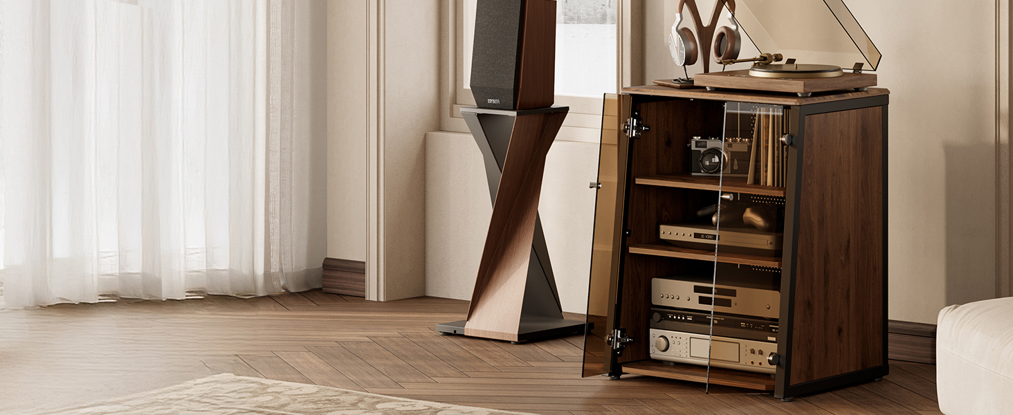 FITUEYES HiFi стійка з скляними дверцятами, стіл для програвача з захисним оснащенням, регульовані полиці для програвача та стереосистем, 66x65x81 см