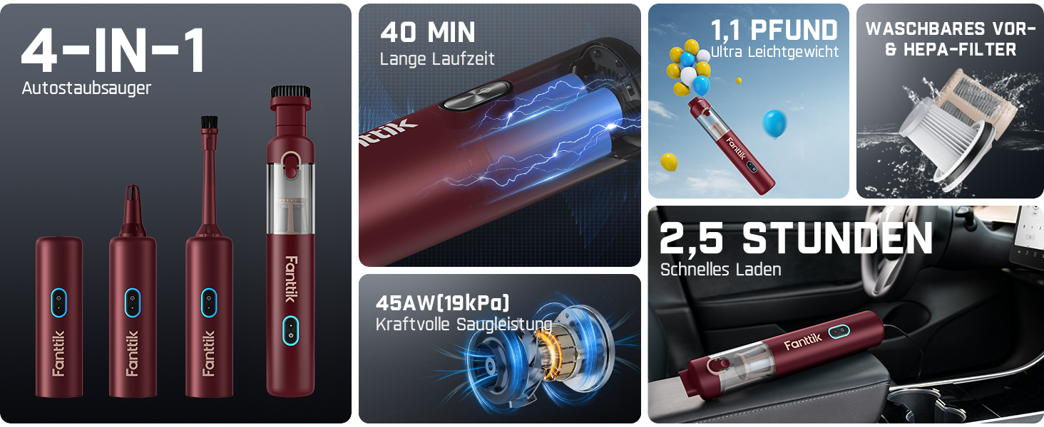 Акумуляторний автомобільний пилосос Fanttik Slim V8 APEX, портативний ручний міні-пилосос RobustClean™ 4-в-1, потужність всмоктування 19000 Па/45 AW, 2 режими роботи, для авто, офісу та клавіатур (Червоний)