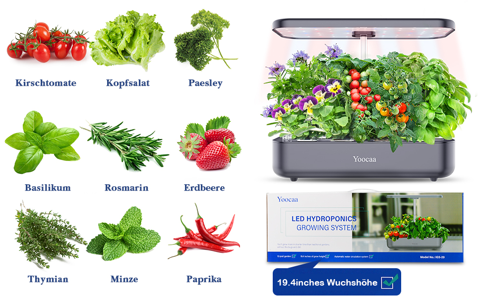 Yoocaa гідропонна система вирощування 12 рослин, набір для вирощування трав в приміщенні з LED-лампою, смарт-сад для дому, кухні, автоматичний таймер, стартовий набір (сірий)